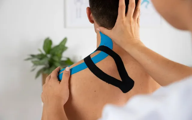 Kinesiotape an Nacken und Schulter wird angelegt